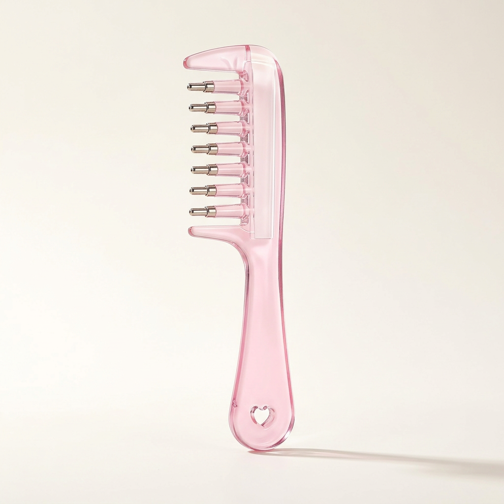 Pink transparent scalp oil applicator comb with metal-tipped teeth on a light background